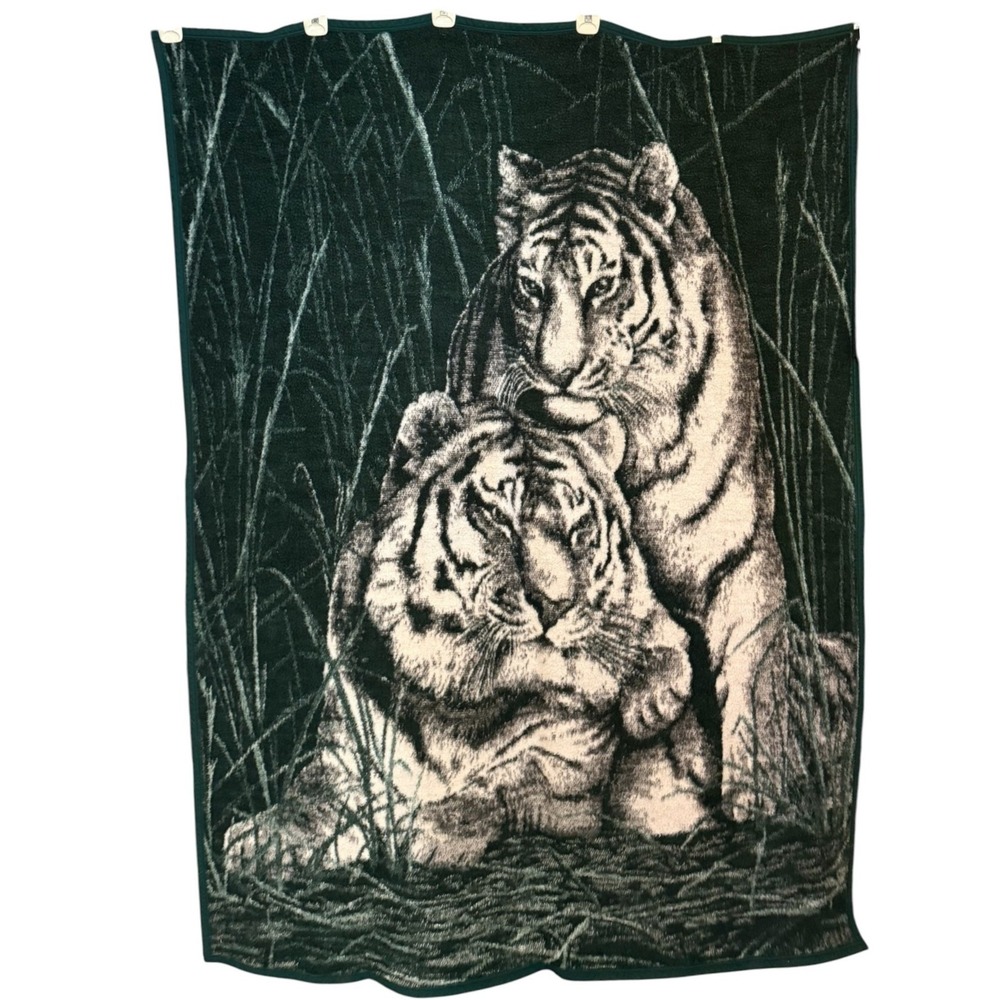Vintage Biederlack Tiger Fleece Throw Blanket Reversible Green Plush 72x55